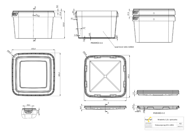 3 l bucket. square with seal protected closure with lid